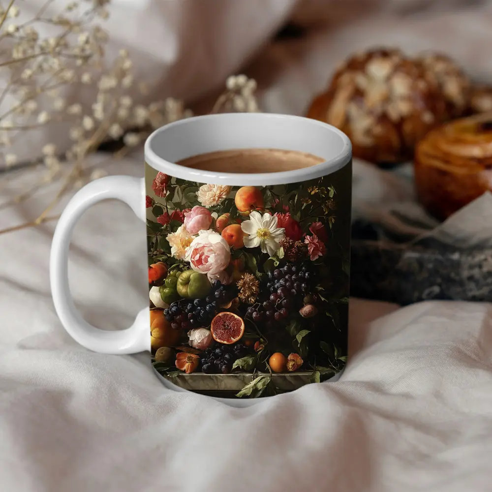 Dutch Still Life Flowers Fruit Marble Table – Mugs