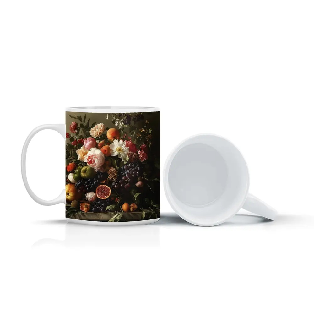 Dutch Still Life Flowers Fruit Marble Table – Mugs