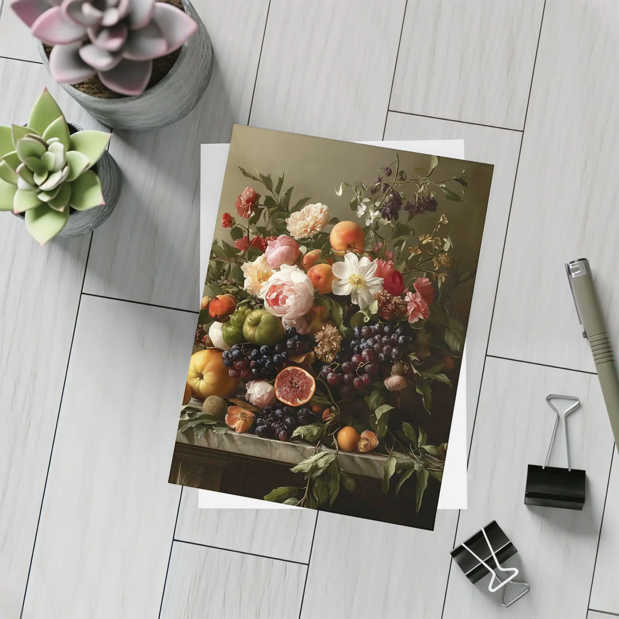 Dutch Still Life Flowers Fruit Marble Table – Postcards