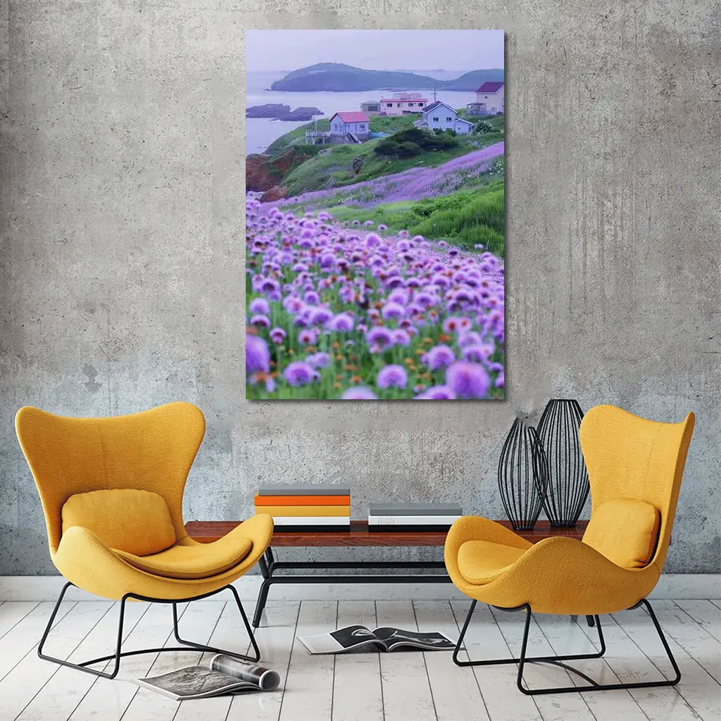 Purple Wildflowers Coastal Village Ocean View – Wall Art