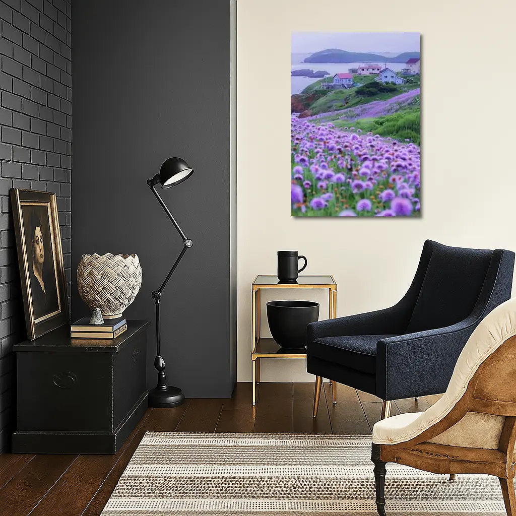 Purple Wildflowers Coastal Village Ocean View – Wall Art