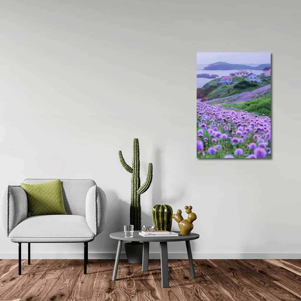 Purple Wildflowers Coastal Village Ocean View – Wall Art
