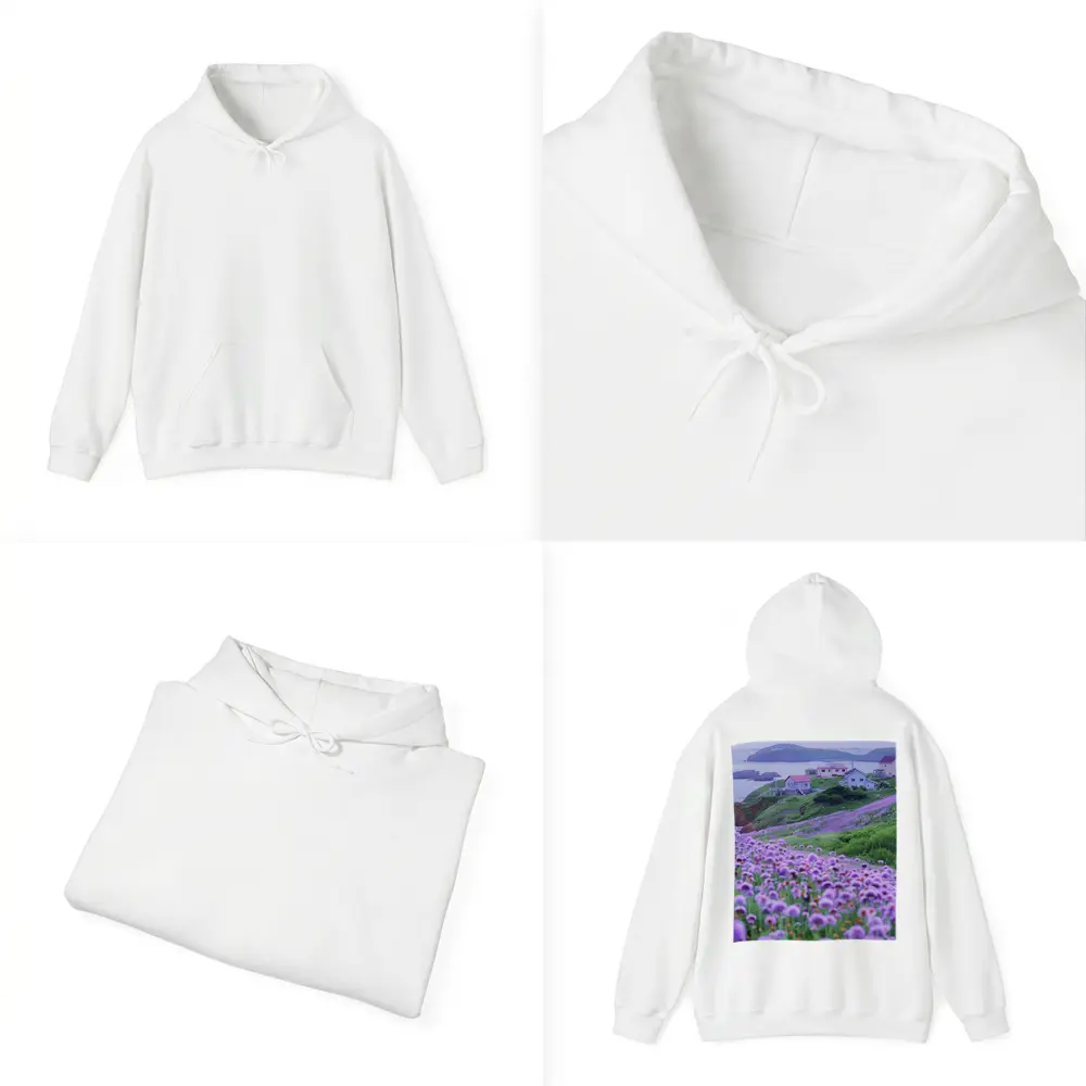 Purple Wildflowers Coastal Village Ocean View – Hoodies