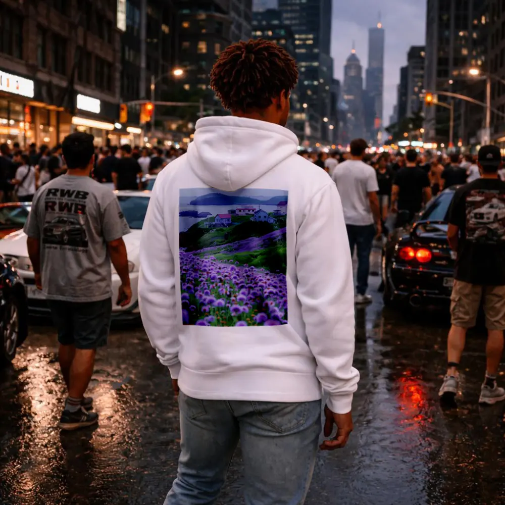 Purple Wildflowers Coastal Village Ocean View – Hoodies