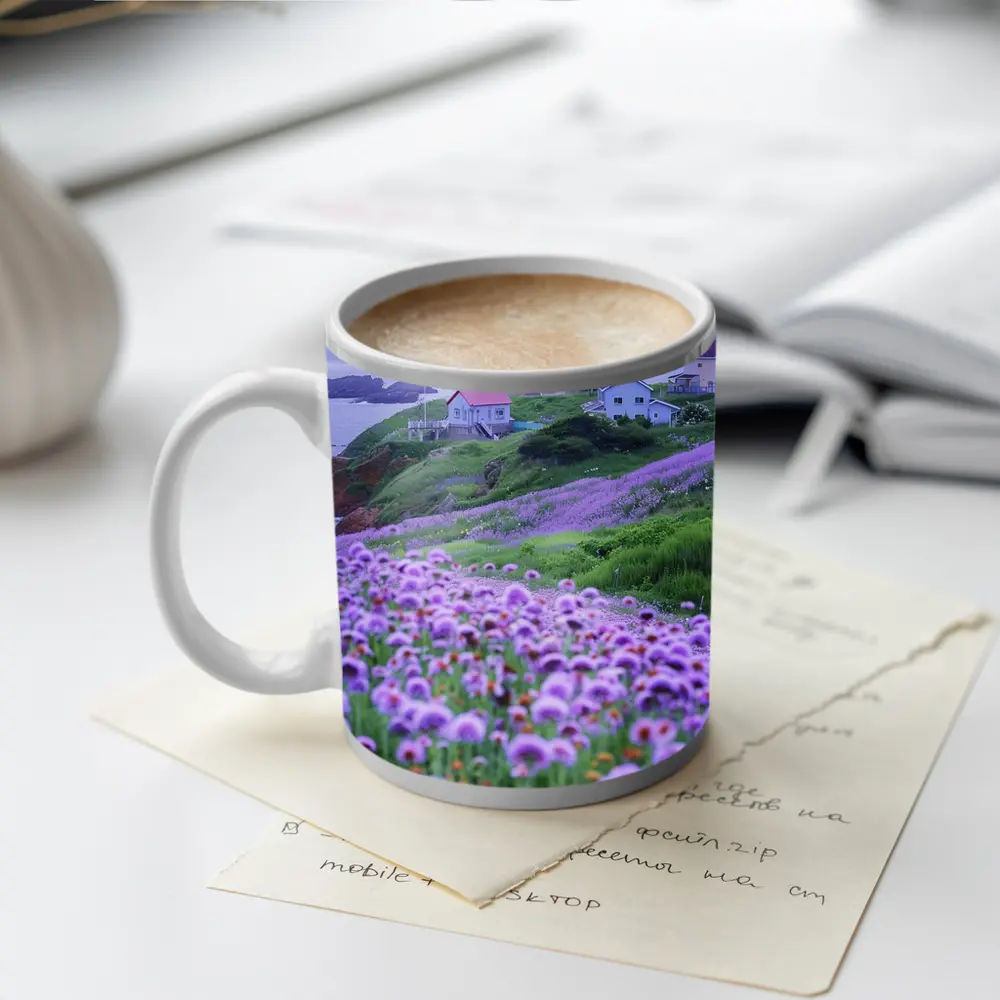 Purple Wildflowers Coastal Village Ocean View – Mugs