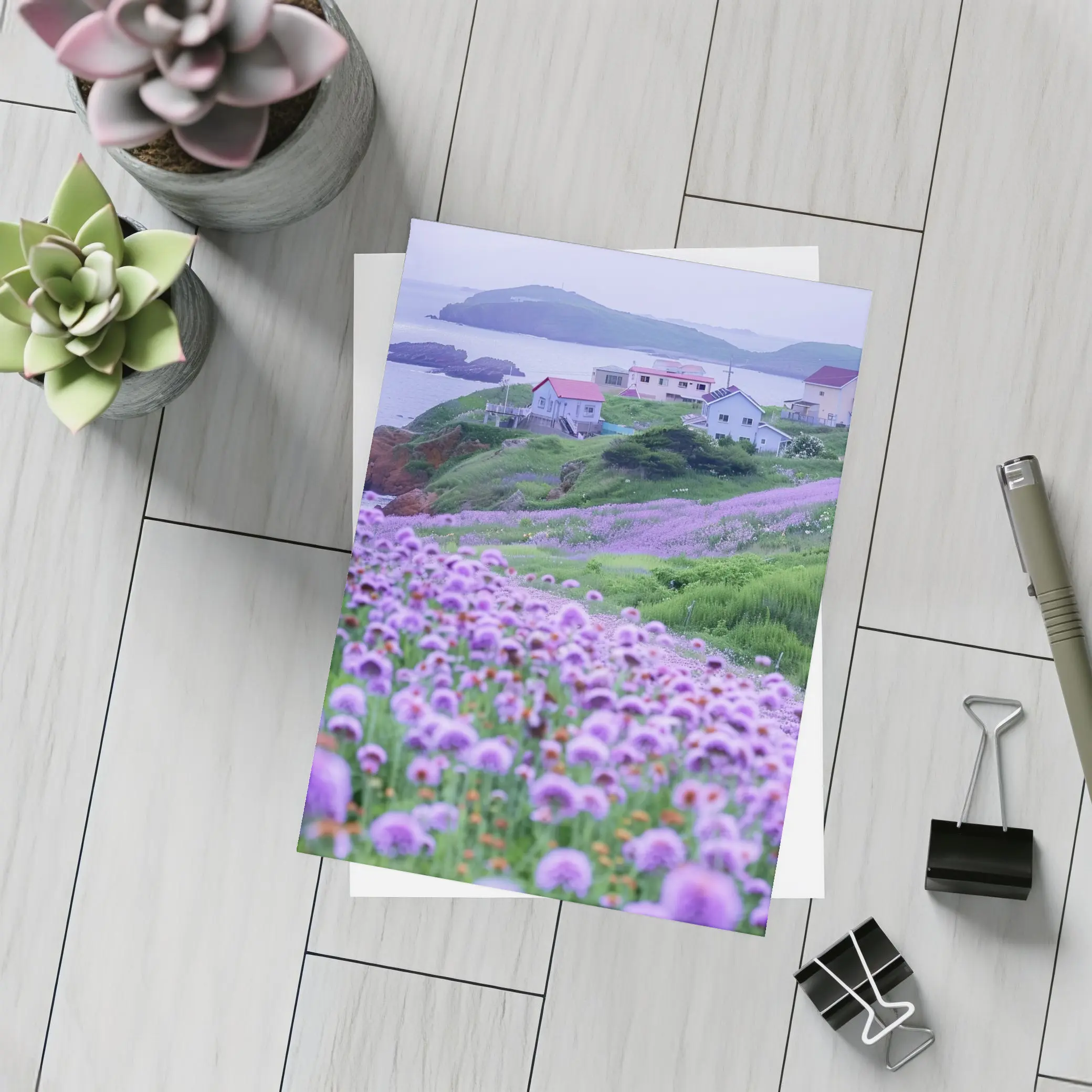 Purple Wildflowers Coastal Village Ocean View – Postcards
