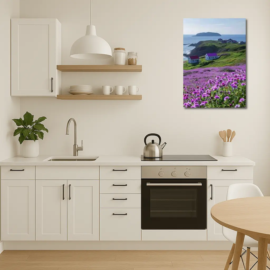 Purple Wildflowers Coastal Village Ocean View – Wall Art