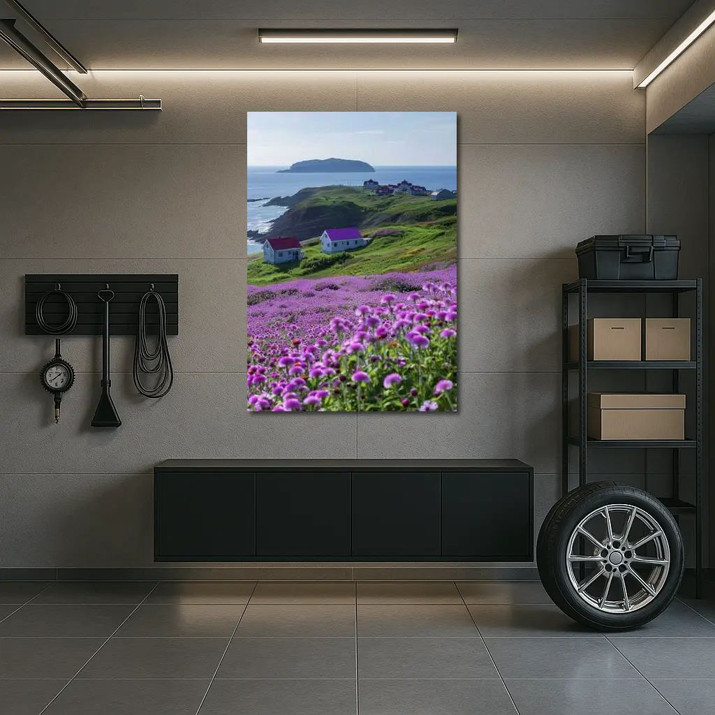 Purple Wildflowers Coastal Village Ocean View – Wall Art