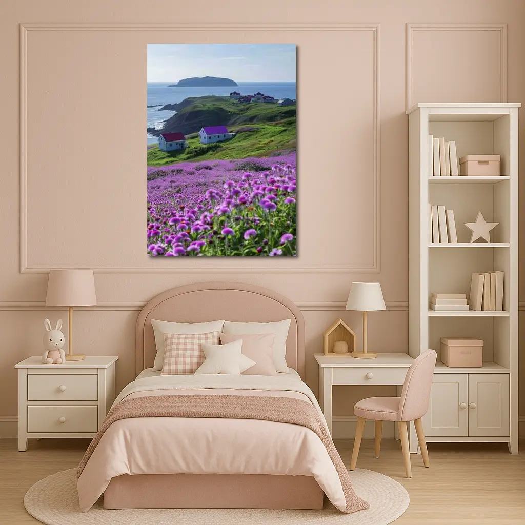 Purple Wildflowers Coastal Village Ocean View – Wall Art