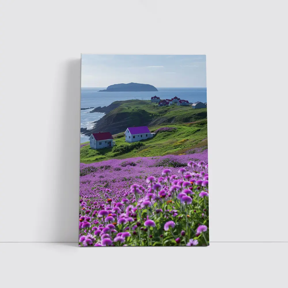 Purple Wildflowers Coastal Village Ocean View – Wall Art