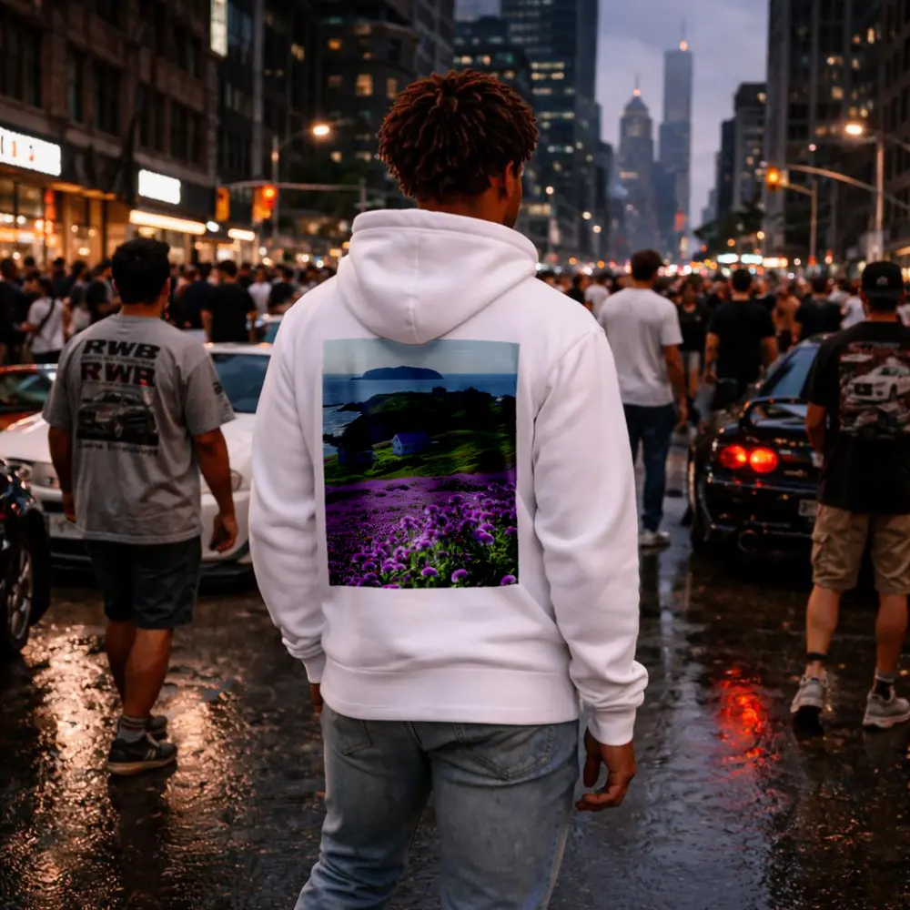 Purple Wildflowers Coastal Village Ocean View – Hoodies