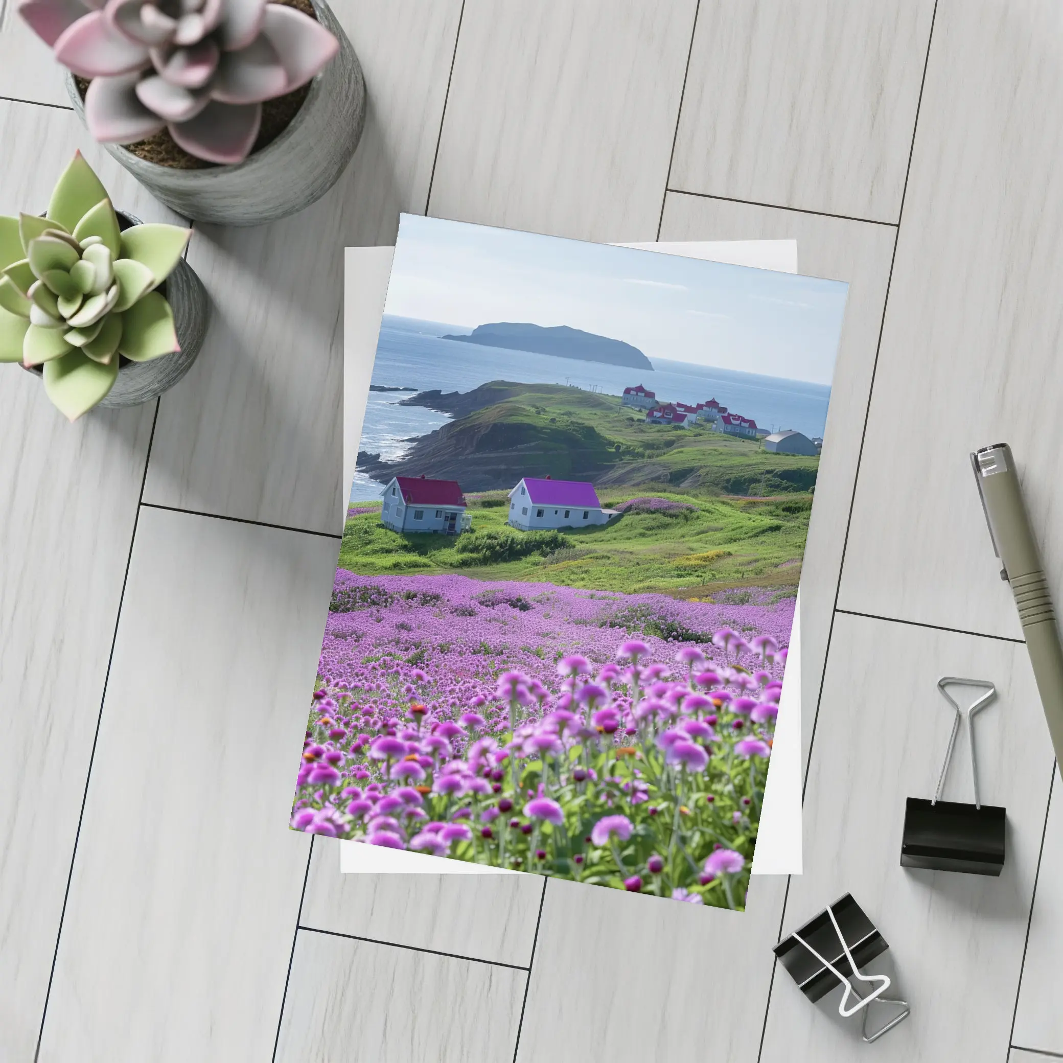 Purple Wildflowers Coastal Village Ocean View – Postcards