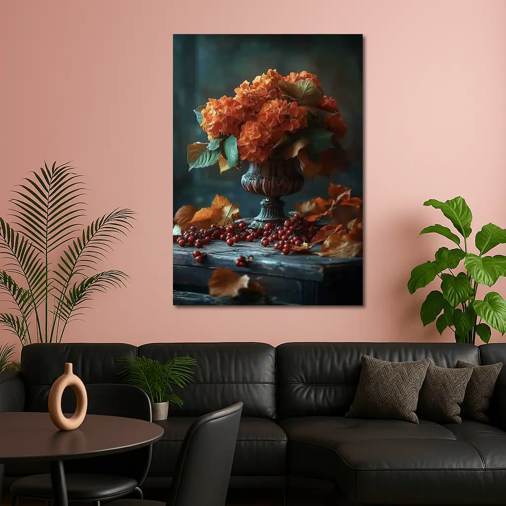 Orange Hydrangeas Vintage Vase Autumn Leaves – Wall Art