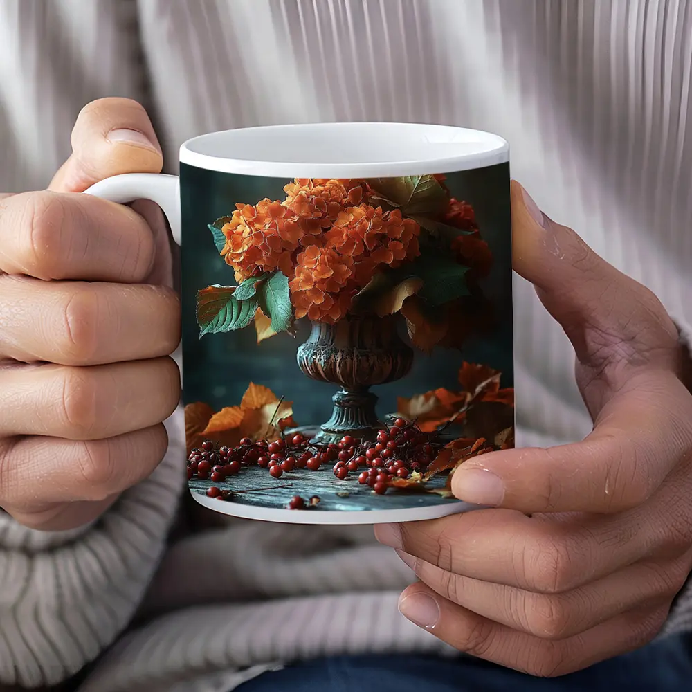 Orange Hydrangeas Vintage Vase Autumn Leaves – Mugs