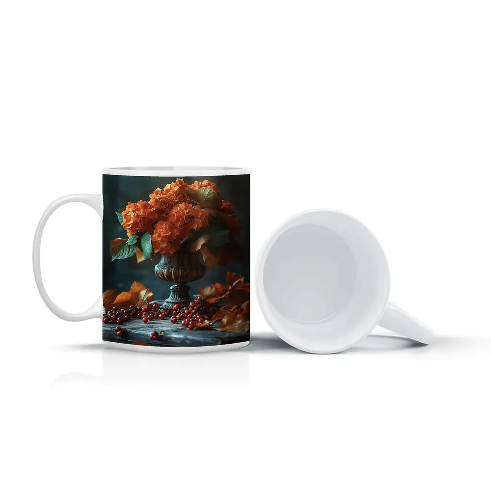 Orange Hydrangeas Vintage Vase Autumn Leaves – Mugs