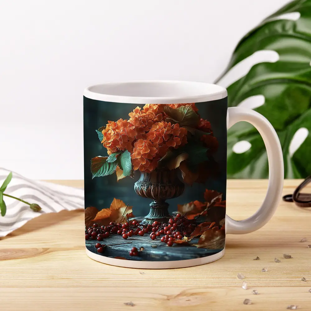 Orange Hydrangeas Vintage Vase Autumn Leaves – Mugs