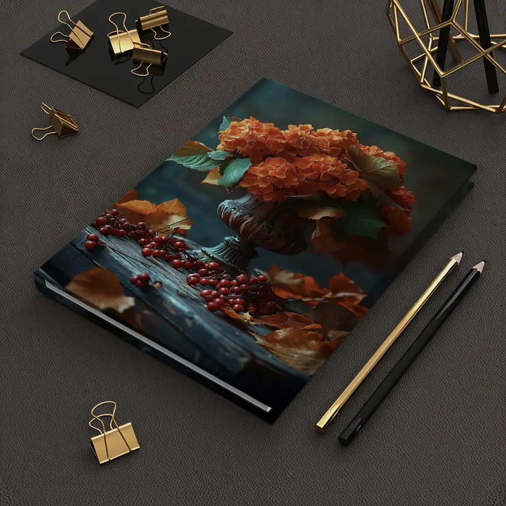 Orange Hydrangeas Vintage Vase Autumn Leaves – Notebooks