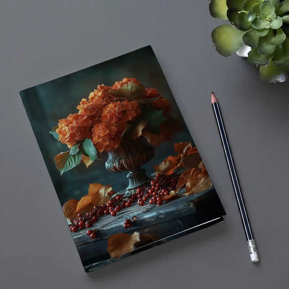 Orange Hydrangeas Vintage Vase Autumn Leaves – Notebooks