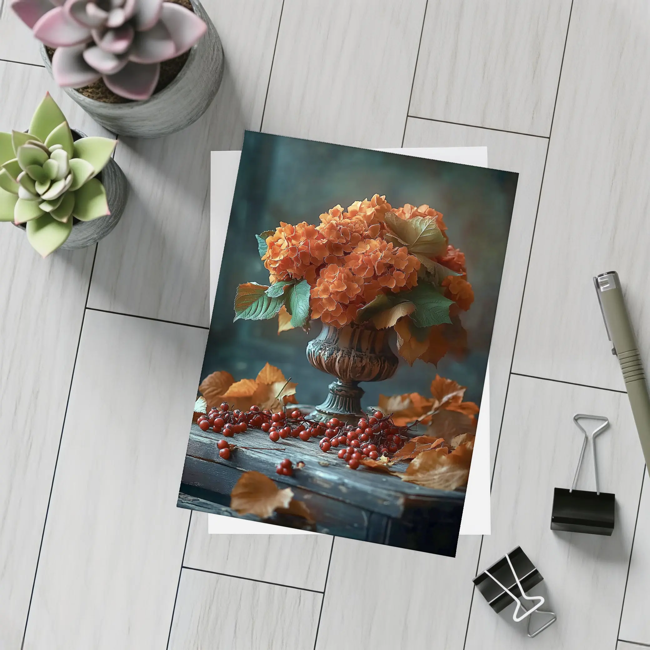 Orange Hydrangeas Vintage Vase Autumn Leaves – Postcards