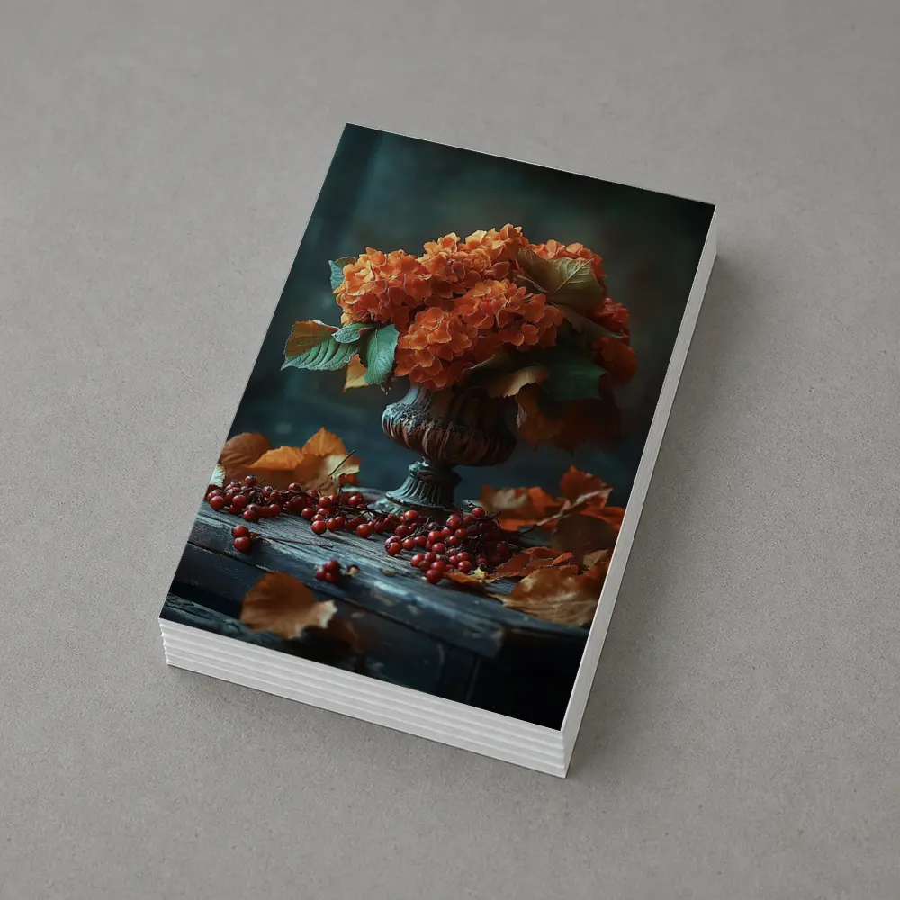 Orange Hydrangeas Vintage Vase Autumn Leaves – Postcards