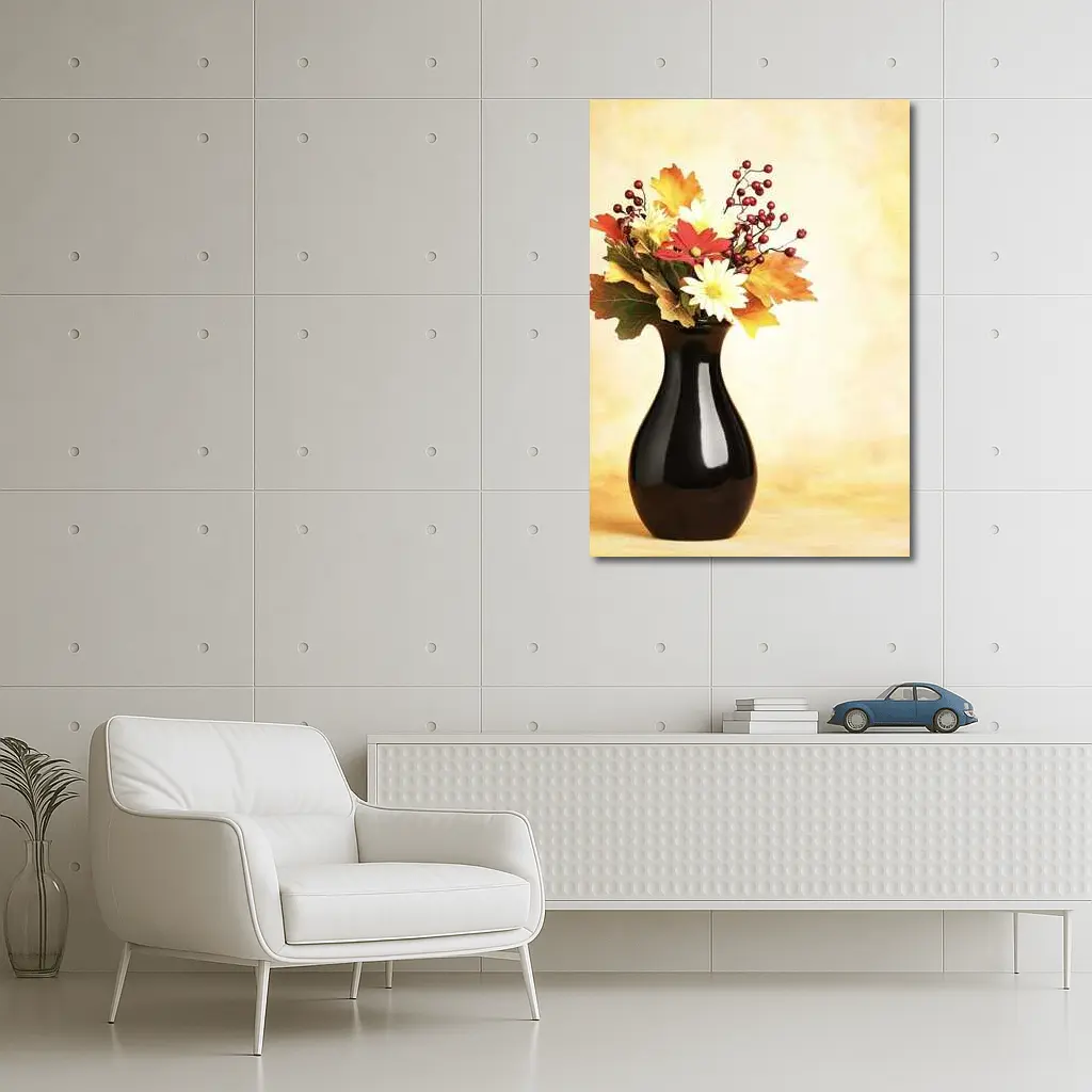 Autumn Flowers Black Vase Warm Background – Wall Art