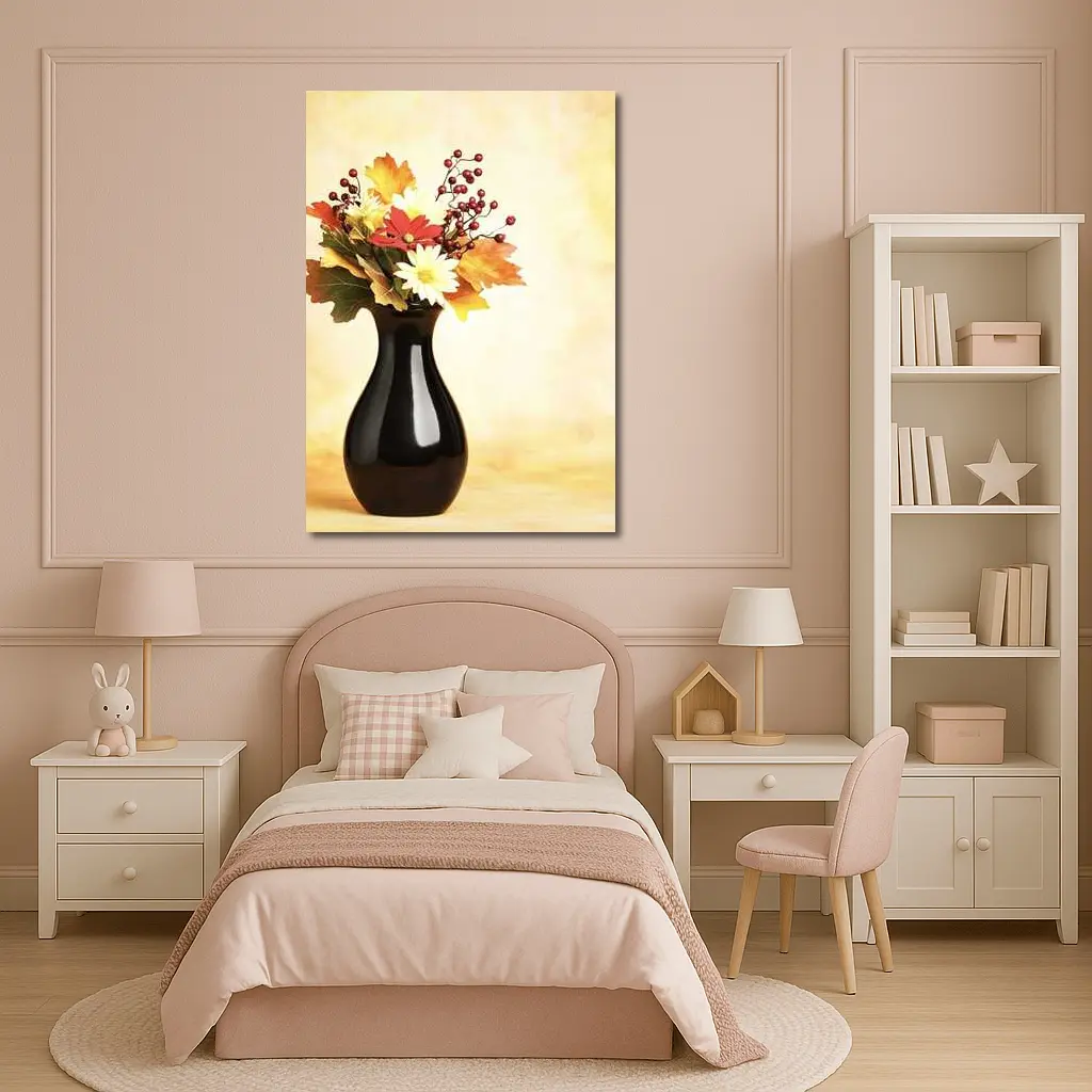 Autumn Flowers Black Vase Warm Background – Wall Art