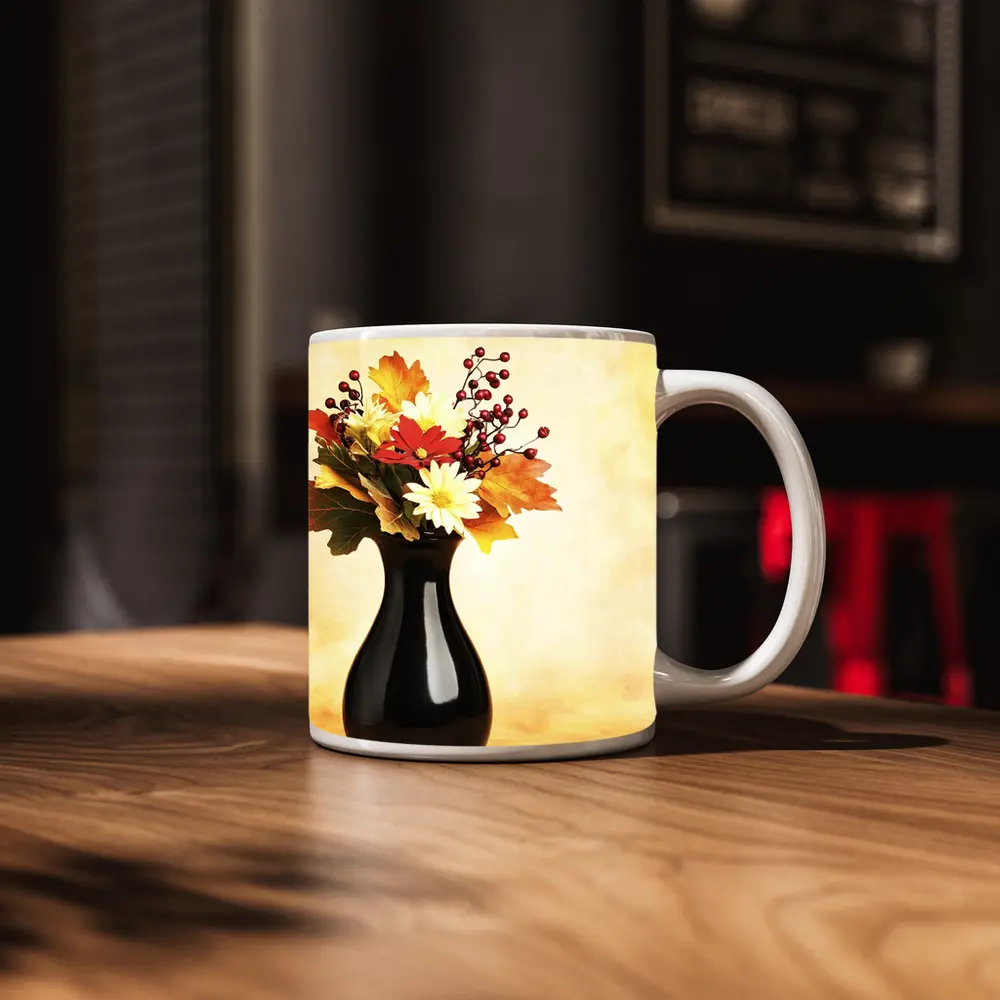 Autumn Flowers Black Vase Warm Background – Mugs