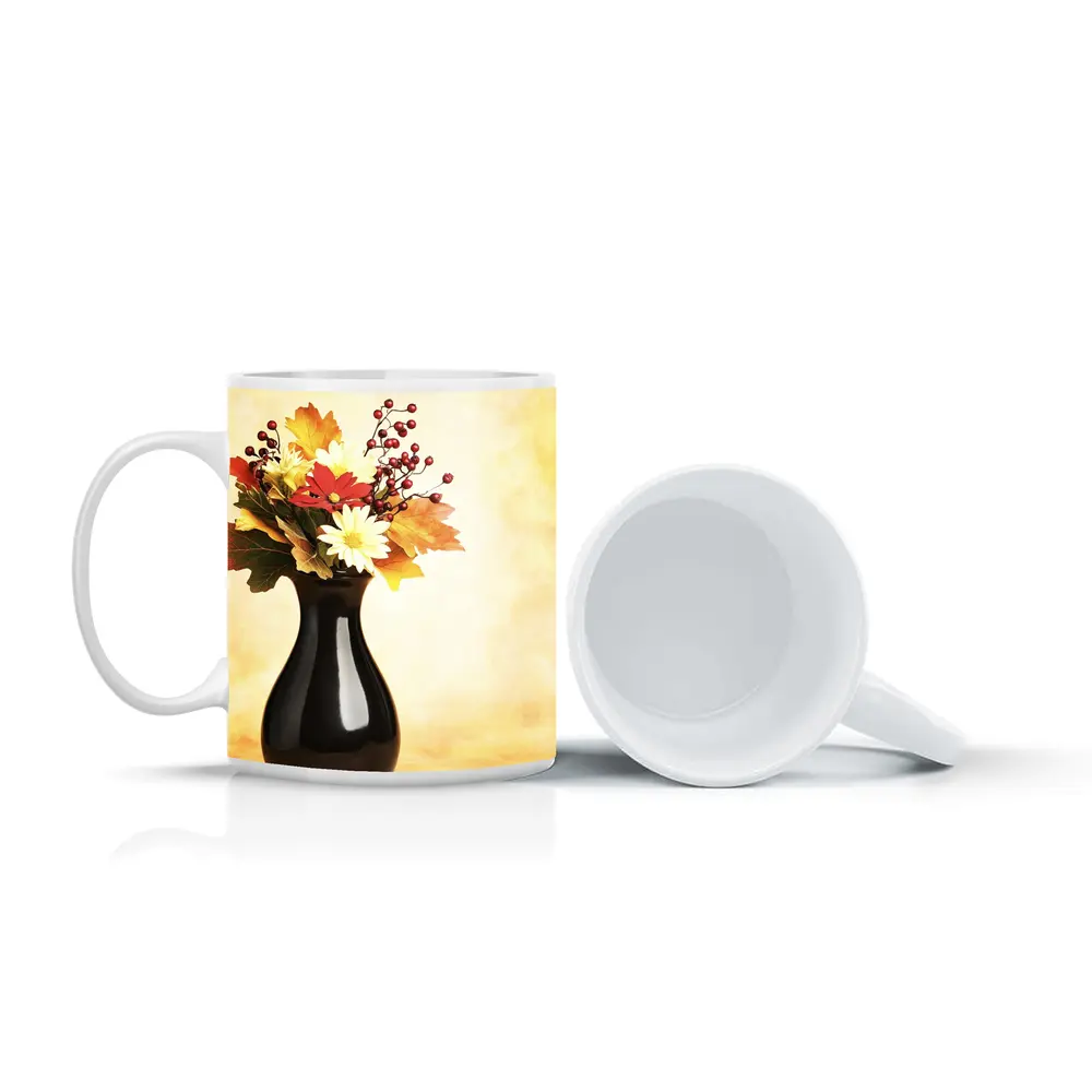 Autumn Flowers Black Vase Warm Background – Mugs