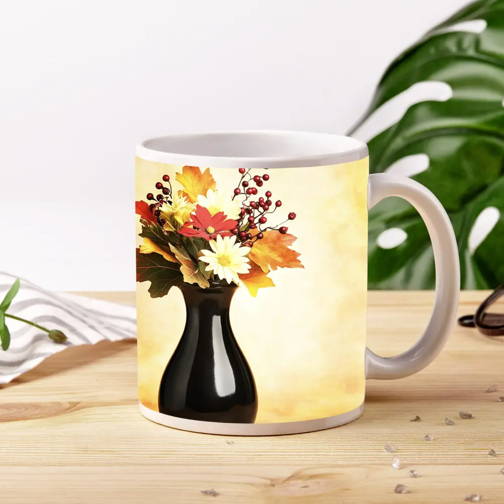 Autumn Flowers Black Vase Warm Background – Mugs
