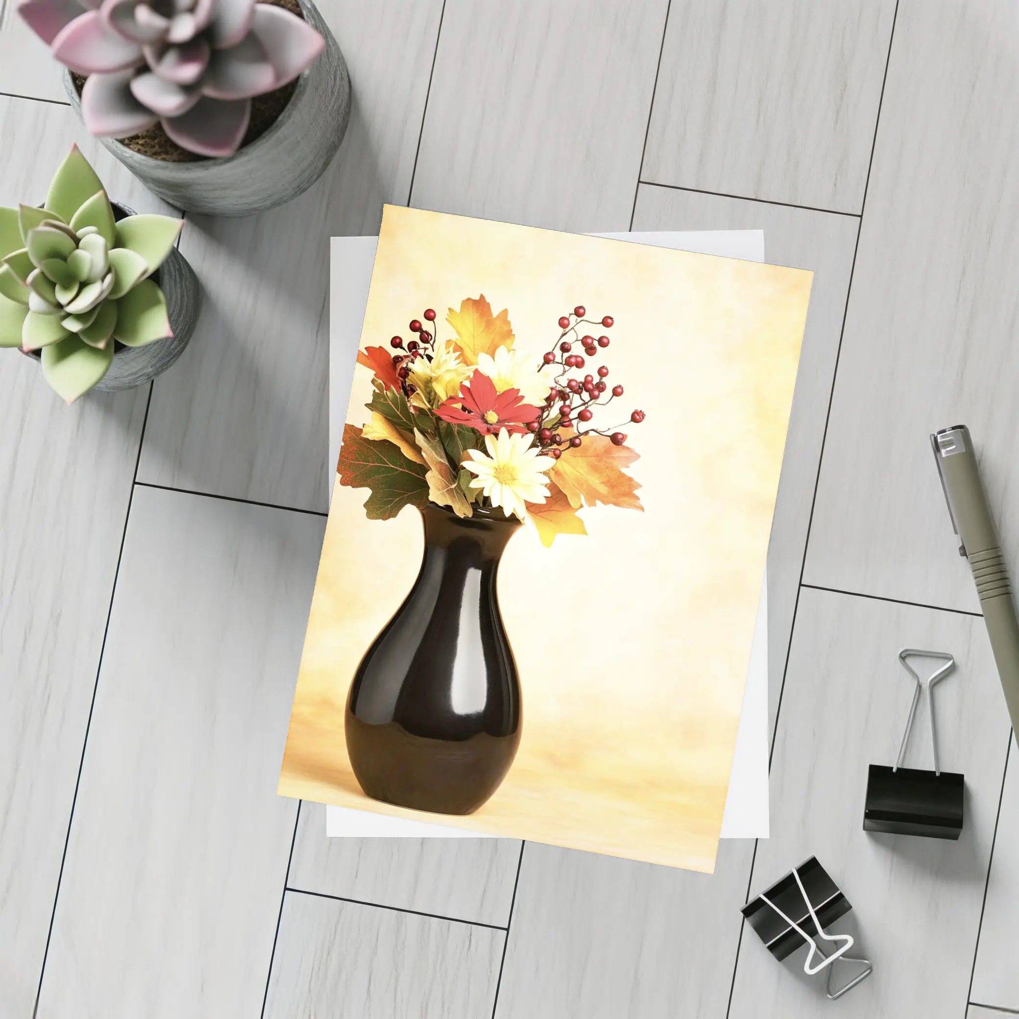 Autumn Flowers Black Vase Warm Background – Postcards