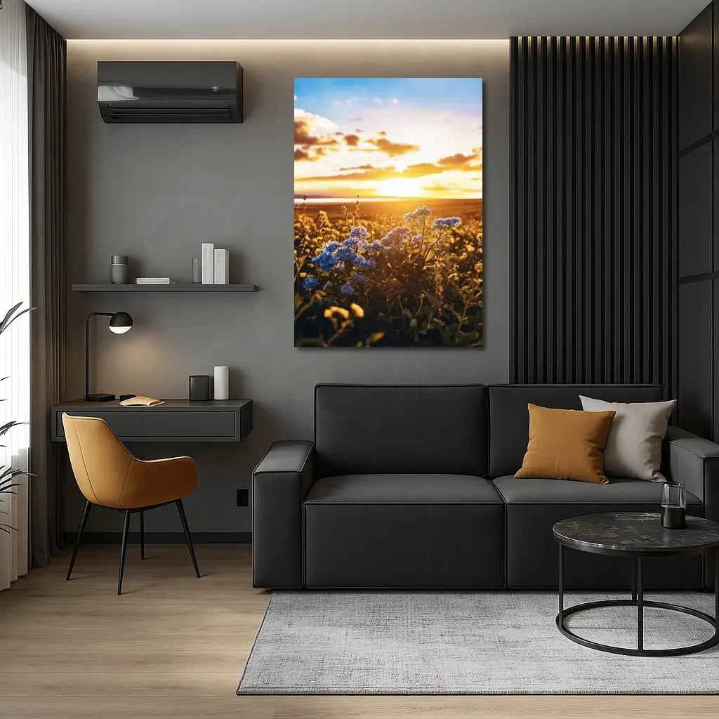 Blue Wildflowers Field Golden Sunset Sky – Wall Art