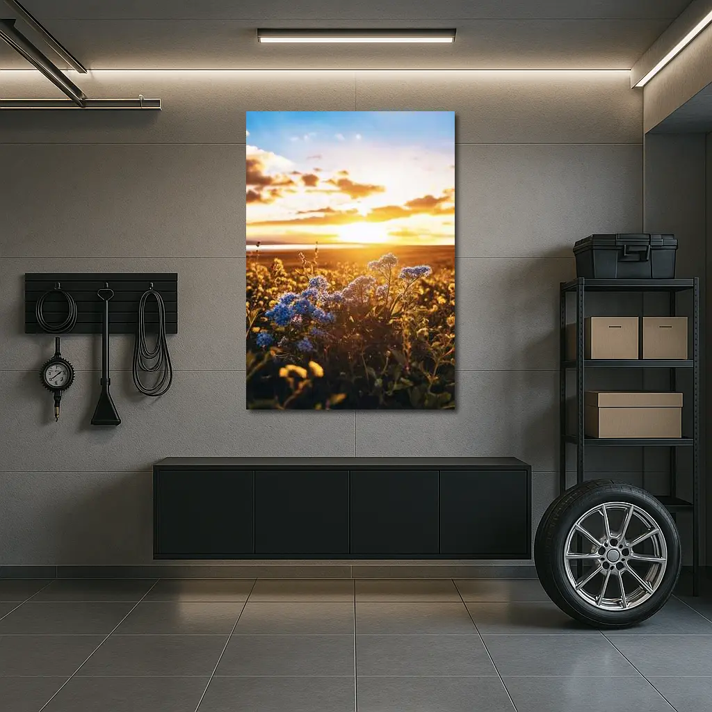Blue Wildflowers Field Golden Sunset Sky – Wall Art