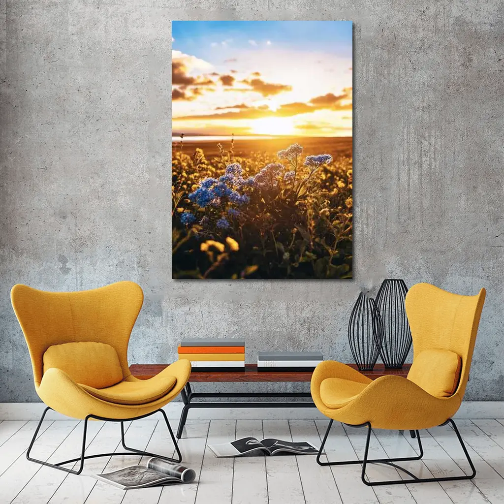 Blue Wildflowers Field Golden Sunset Sky – Wall Art