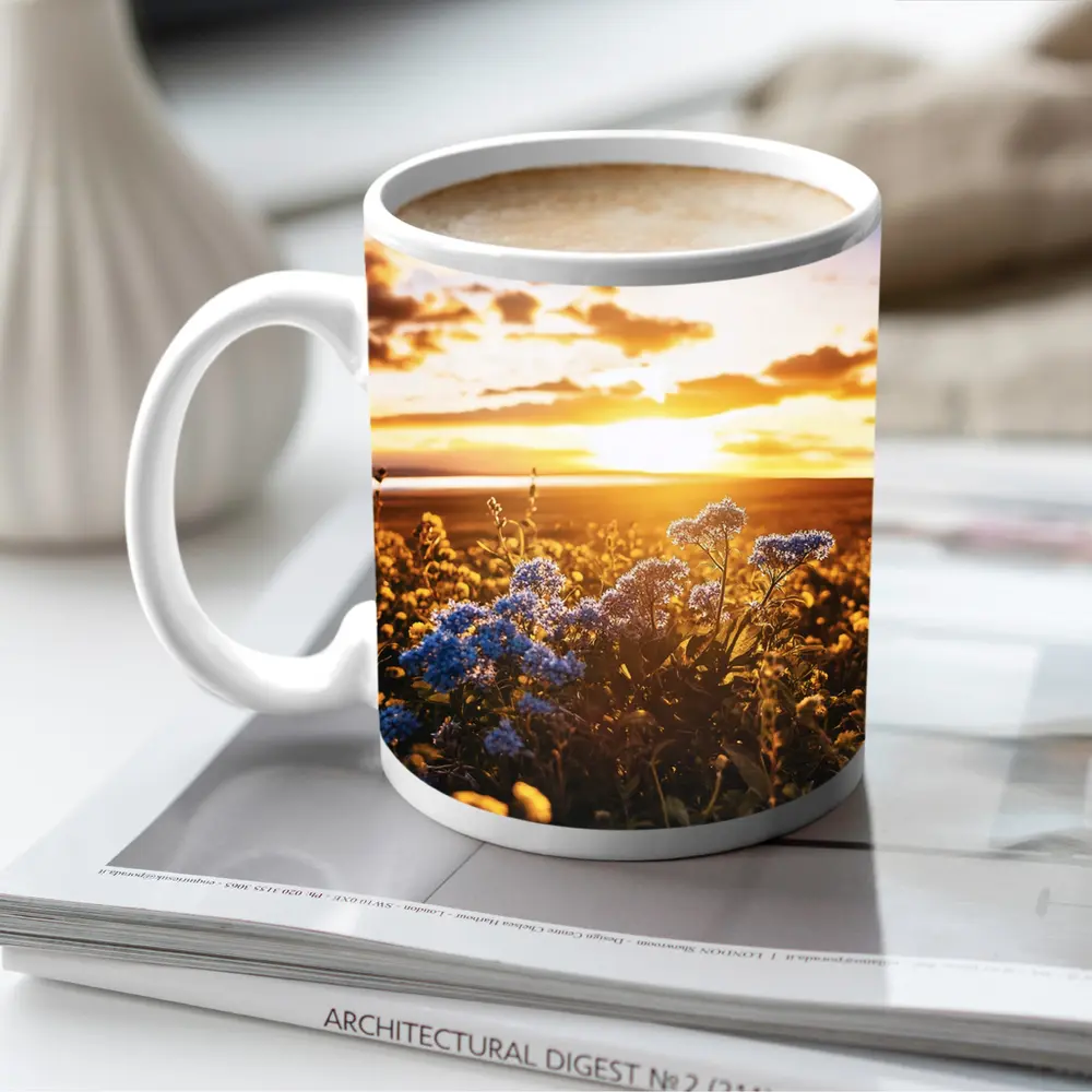 Blue Wildflowers Field Golden Sunset Sky – Mugs
