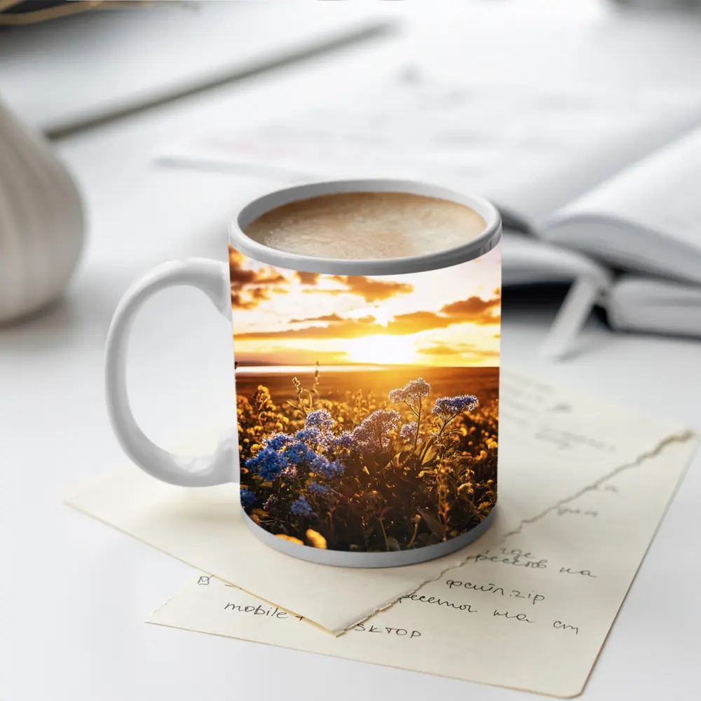 Blue Wildflowers Field Golden Sunset Sky – Mugs