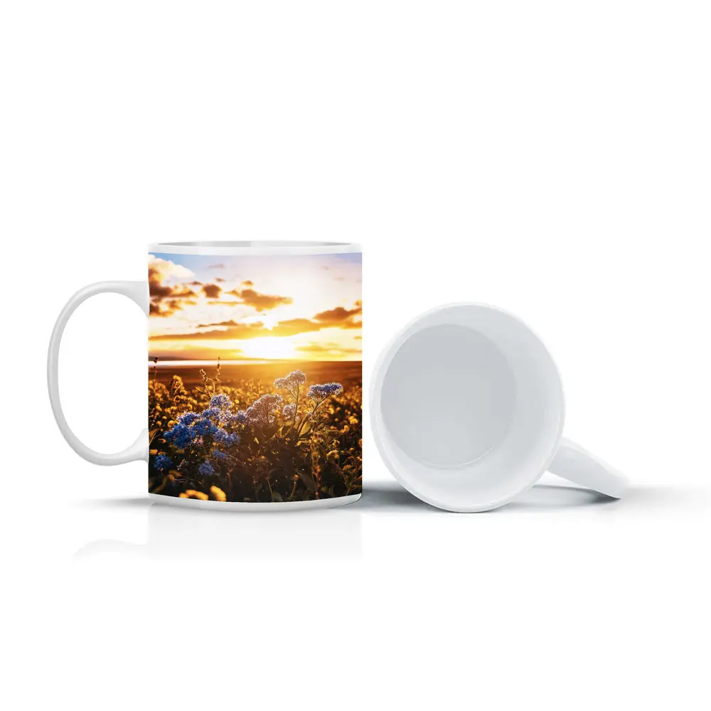 Blue Wildflowers Field Golden Sunset Sky – Mugs