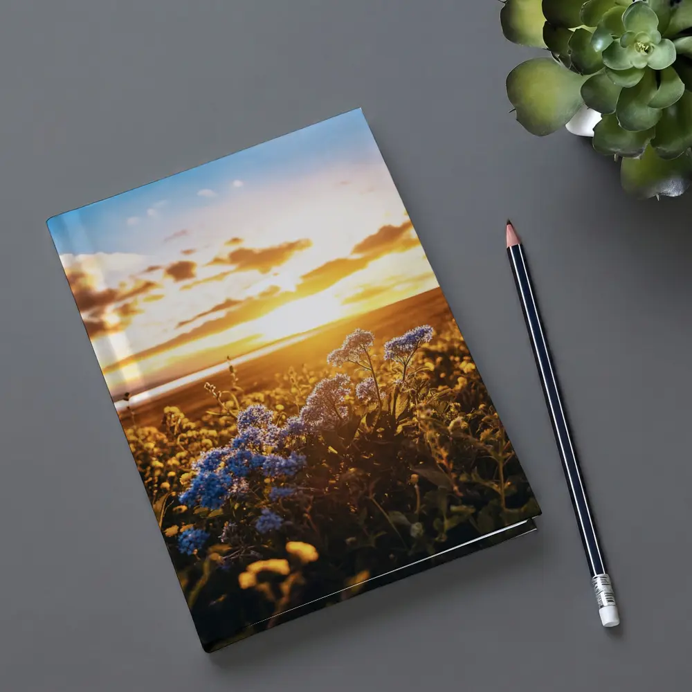 Blue Wildflowers Field Golden Sunset Sky – Notebooks