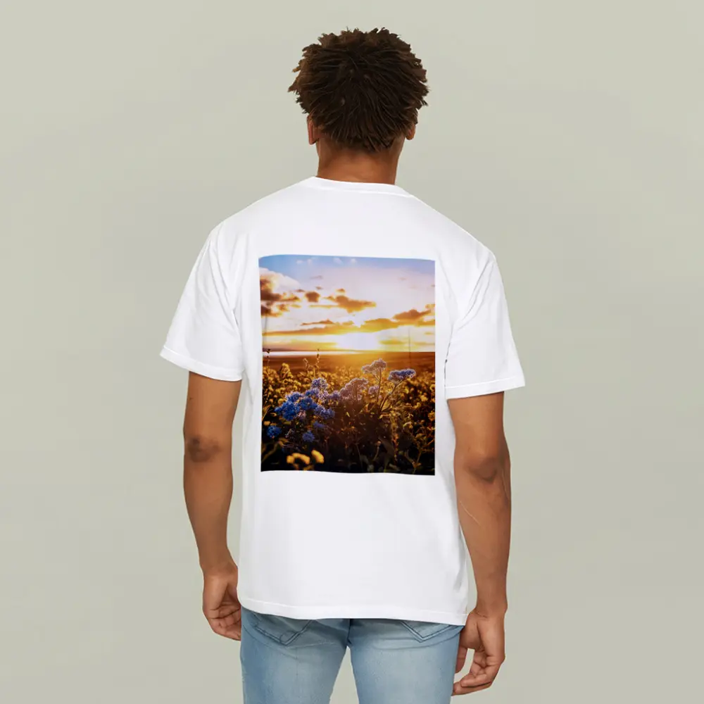 Blue Wildflowers Field Golden Sunset Sky – T-Shirts