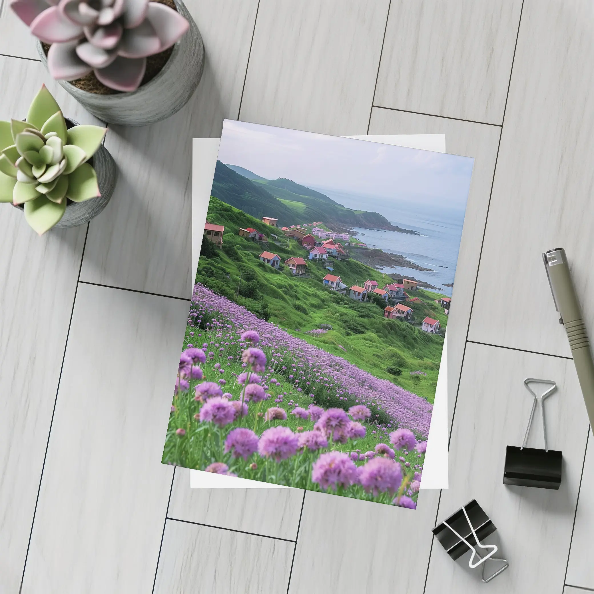 Purple Allium Flowers Coastal Village Green Hills – Postcards
