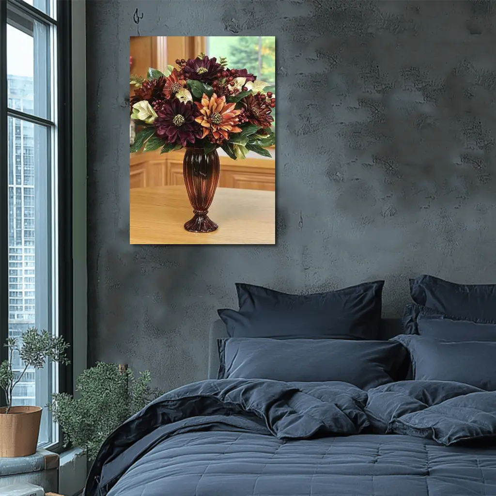 Deep Burgundy Dahlia Floral Arrangement Brown Vase – Wall Art