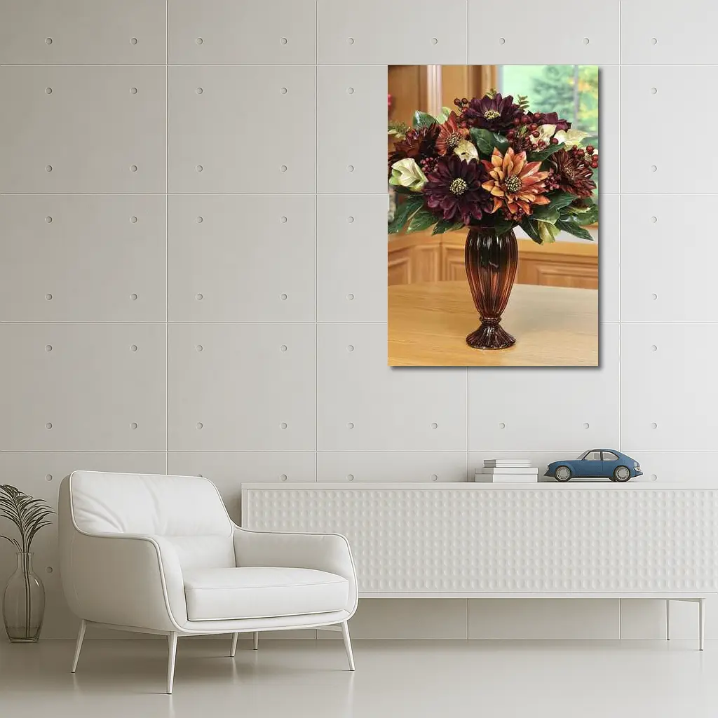 Deep Burgundy Dahlia Floral Arrangement Brown Vase – Wall Art