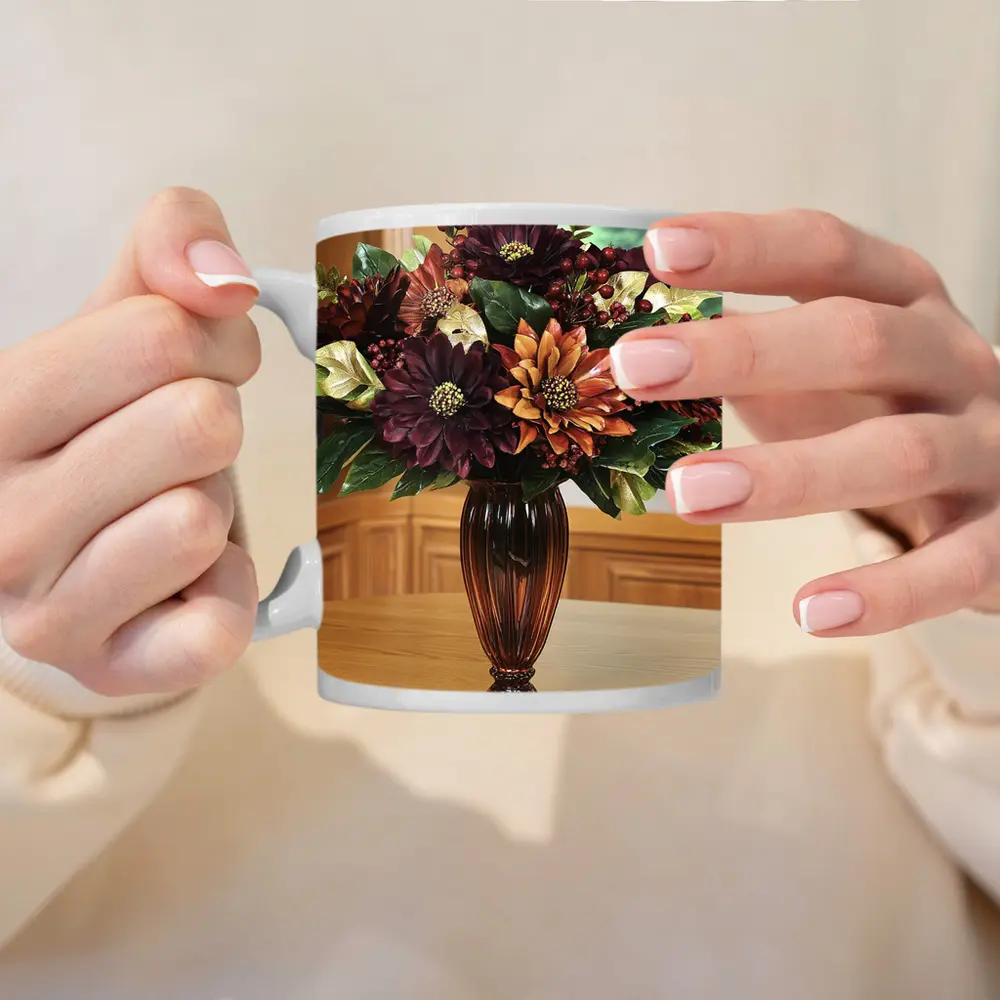 Deep Burgundy Dahlia Floral Arrangement Brown Vase – Mugs