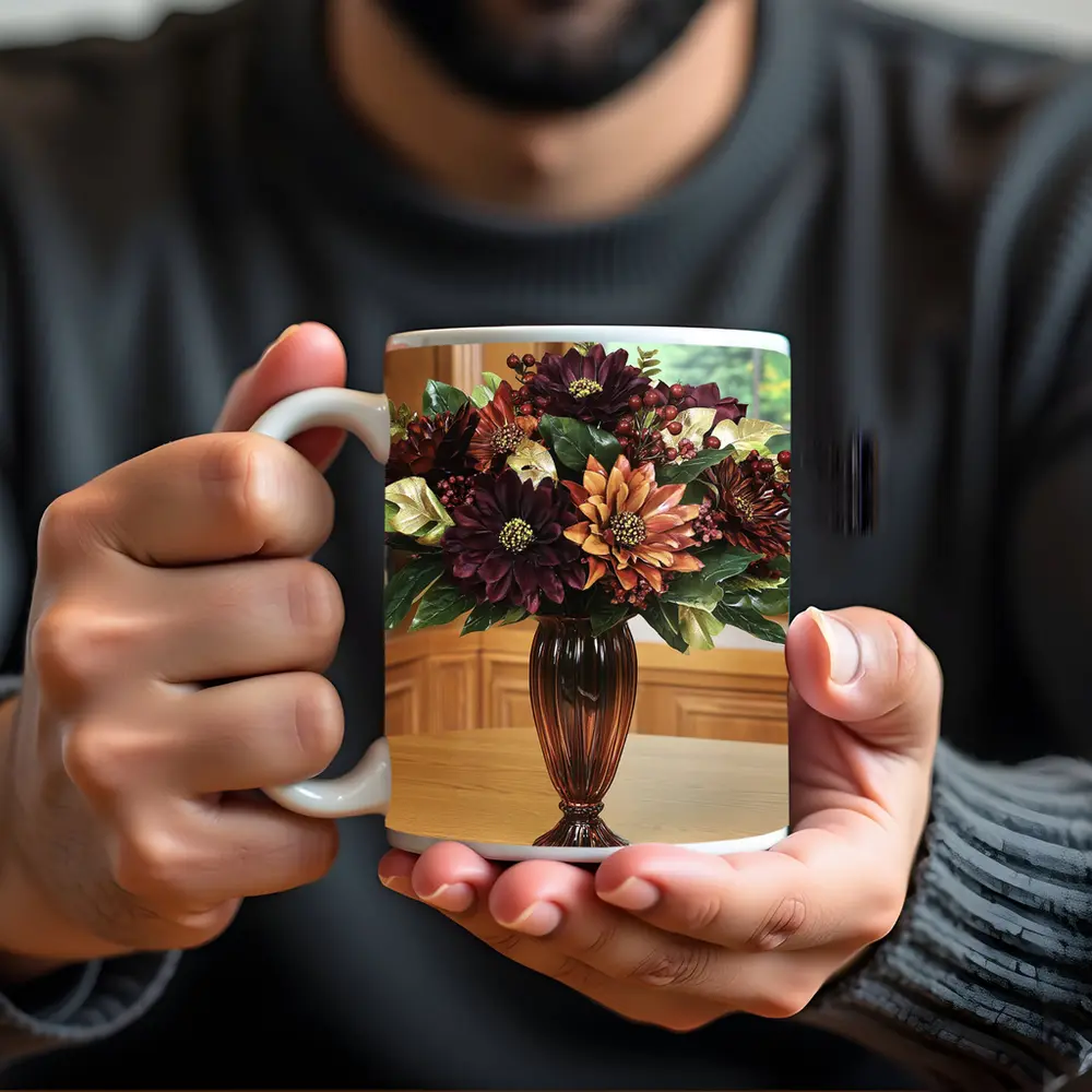 Deep Burgundy Dahlia Floral Arrangement Brown Vase – Mugs