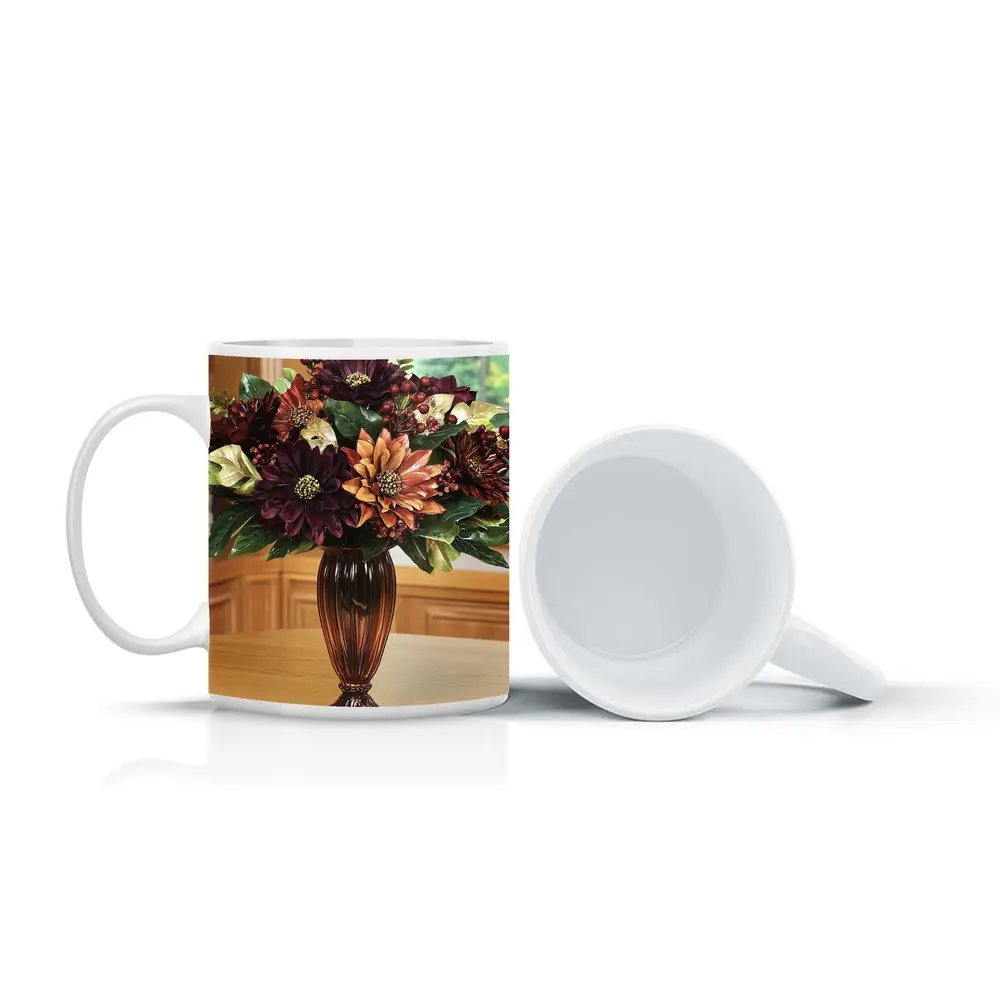 Deep Burgundy Dahlia Floral Arrangement Brown Vase – Mugs