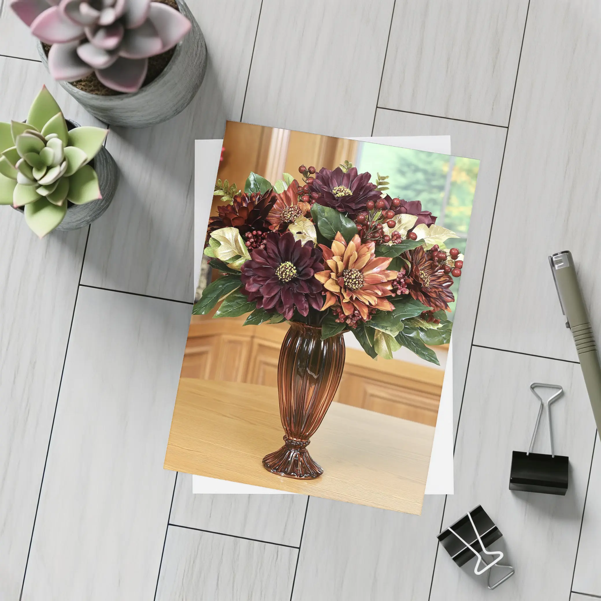 Deep Burgundy Dahlia Floral Arrangement Brown Vase – Postcards