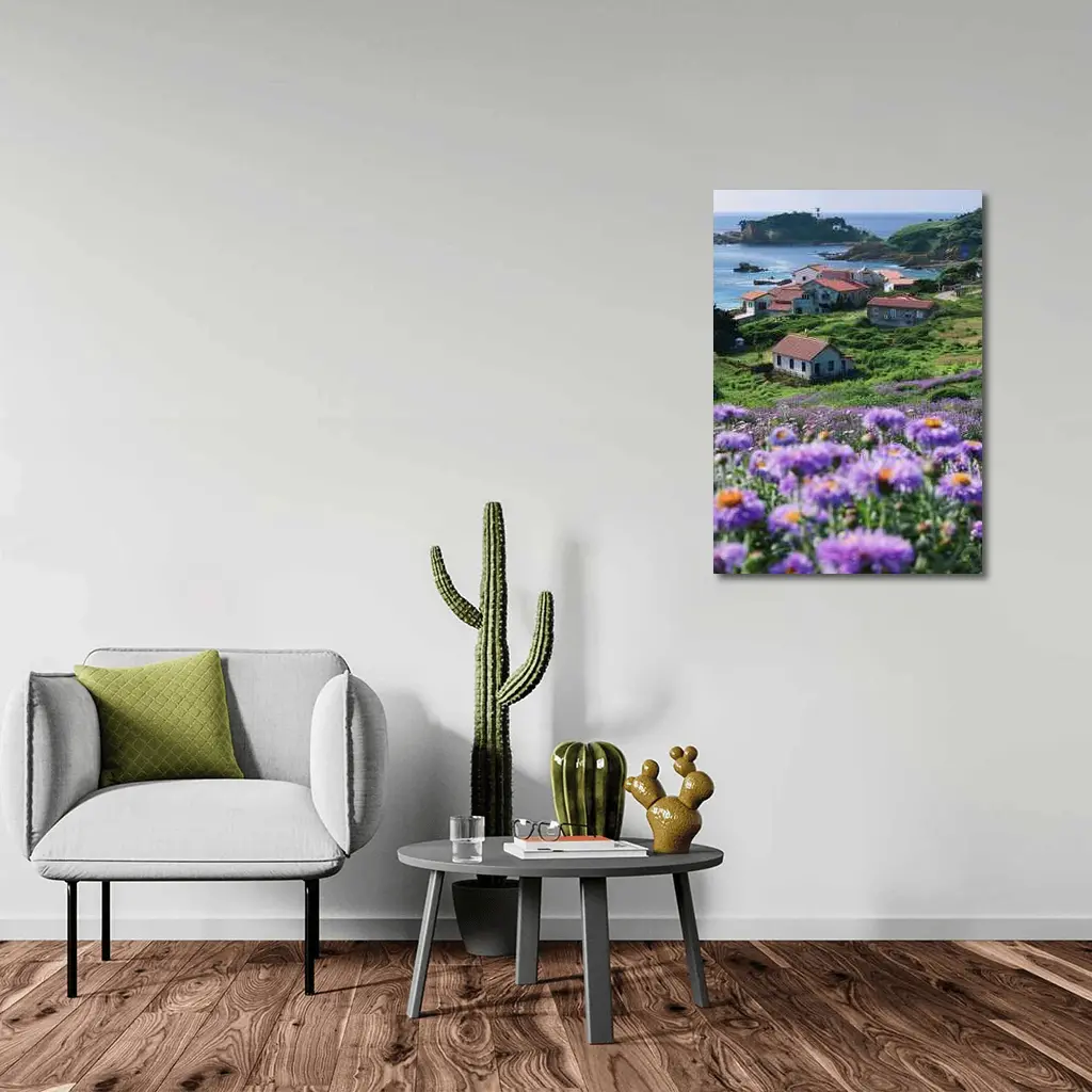 Purple Wildflowers Coastal Village Ocean View – Wall Art