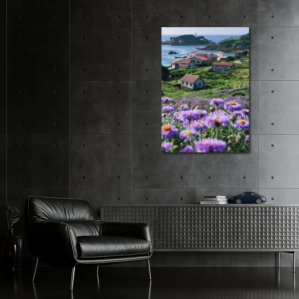 Purple Wildflowers Coastal Village Ocean View – Wall Art