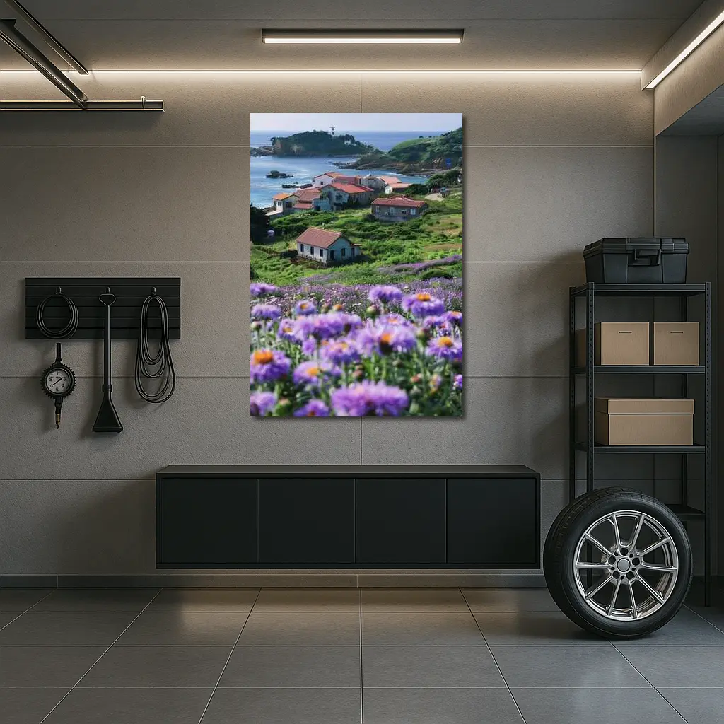 Purple Wildflowers Coastal Village Ocean View – Wall Art