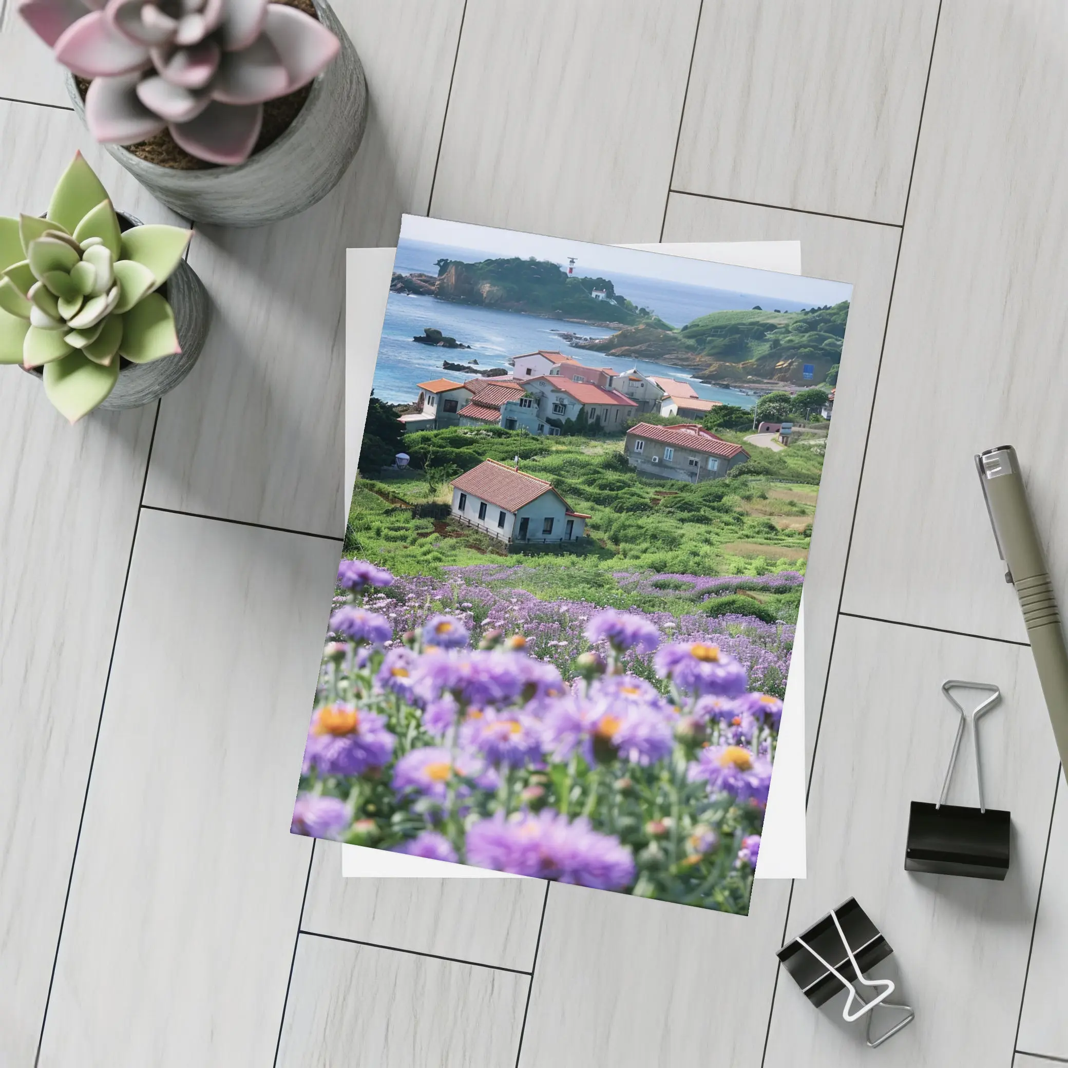 Purple Wildflowers Coastal Village Ocean View – Postcards