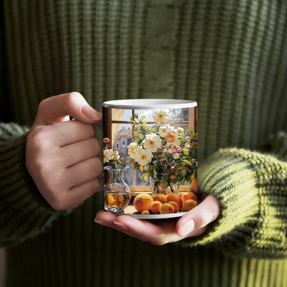 White Flowers Oranges Crystal Vase Window – Mugs